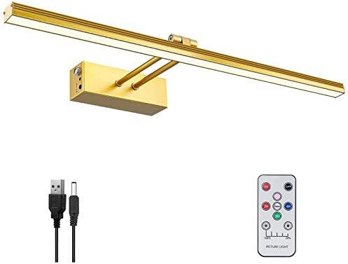 FUNCHDAY Luce per quadri, 5000 mAh, a batteria, per parete, senza fili, con timer e dimmerabile, luce artistica in metallo da 40,6 cm, per esposizione, opere d'arte, ritratti, galleria, oro