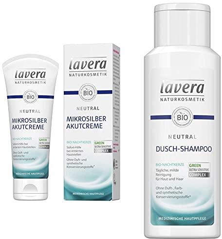 lavera Neutral Akutcreme mit Mikrosilber - 75ml & Neutral Dusch-Shampoo - 2 in 1 Shampoo & Duschgel mit Bio-Nachtkerze - für Haut & Haar - Seifenfreie milde Rezeptur - Neurodermitis(1 x 200 ml)