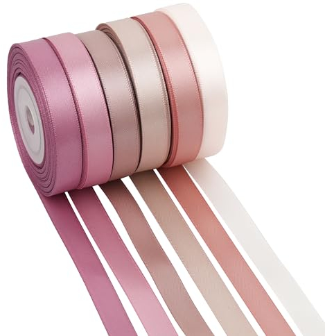 MAYREEL Satinband, 0,95 cm (3/8 Zoll), Altrosa, zartes Band, dünn, für Geschenkverpackungen, Basteln, Hochzeit, Brautparty, Valentinstag, Dekorationen, 6 Rollen, Sortiment, 9,1 m pro Farbe, insgesamt