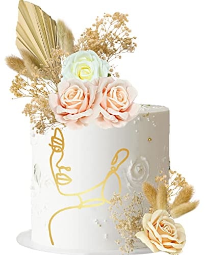 Lukinuo 21 Stück Boho-Kuchendekoration Acryl Minimalistische Kunst Dame Gold Gesicht Kuchen Topper Vintage Künstliche Rosen Blumen Blätter Kuchen Topper Dekor für Bohemian Geburtstag
