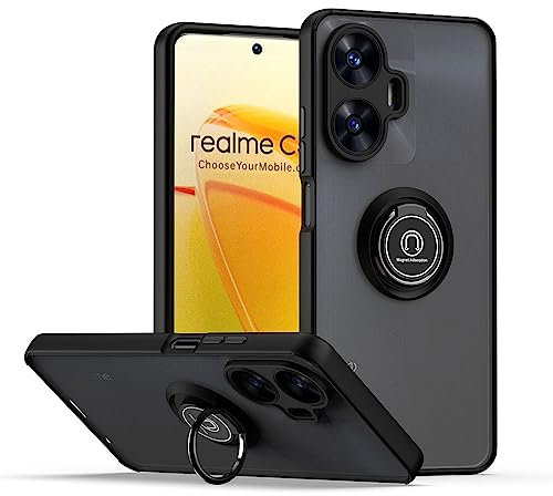 SEAHAI Funda para Realme C33 / Realme C30 Estuche, Translúcida Escarchado Duro PC Carcasa Antigolpes TPU Bumper Silicona Cubierta con 360° Anillo Soporte de Metal, Negro