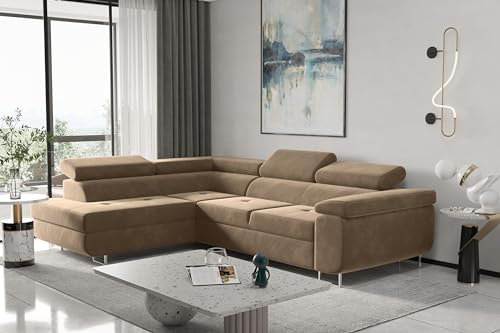 Kaiser Möbel, Ecksofa mit schlaffunktion, mit Bettkasten, Schlafsofa Atom Lux, Designer Sofa, Modern Design Couch, Polsterecke, Freistehend, Stoff Monolith Klasse A, Hellbraun Links