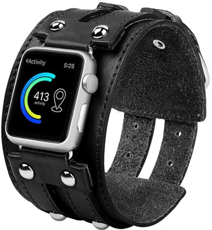 Vikoros Genuine Leather Band Compatible with Apple Watch Ultra 2/Ultra SE Series 9 8 7 5 Bands 40mm 41mm 38mm Men Women Wrist, Wide Sport Leather Strap Bracelet Replacement Bands for iWatch Ultra