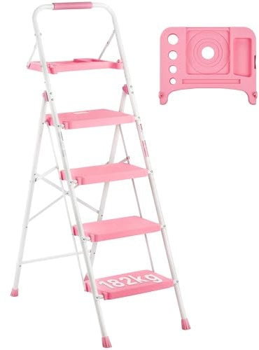 BONTEC 4 Step Ladder with Wide Anti-Slip Pedals, Folding Step Stool Capacity 150KG, Sponge Handrail, Strong and Solid Portable Ladder Suitable for Home, Kitchen, Pantry, Indoor/Outdoor Use, Pink