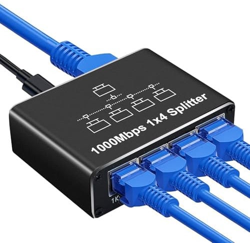 Switch Ethernet 1 a 4 1000Mbps Gigabit RJ45 Splitter para Ordenadores, Hubs, Switches, Routers, Decodificadores, con Cable de Alimentación Type-C