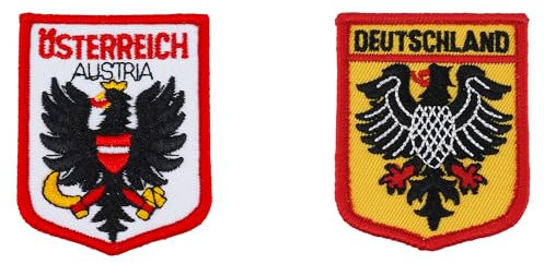 Patch Set - Aufnäher Patches Zum Aufbügeln Oder Aufnähen, Schildform, 5x6.5cm, 1 Stück Deutschland und 1 Stück Austria, Bügelbild Für Erwachsene Textilien, Rucksack Patch, Aufbügelbilder