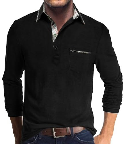 Comilaka Men's Polo Long Sleeve Casual Contrasting Color Polo Shirts with Pocket M-4XL Black
