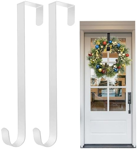AKOFIC Kranz Aufhänger Türhaken für Weihnachten Tür, 2 Stück Metall Kranzhaken Kranzhalter für Haustür, Weihnachtskranz Türhänger Haken für Weihnachten Halloween Hochzeit Home Office Tür Dekor (Weiß)