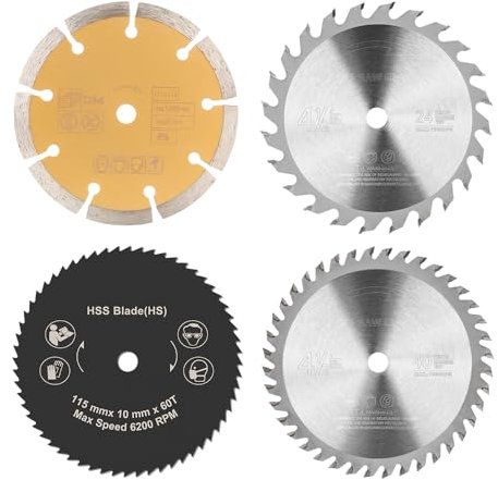 BALUGAEA Lot de 4 lames de scie circulaire TCT 115 mm x 10 mm pour bois 24/40 dents 60 dents HSS pour métal, disque diamant pour carrelage