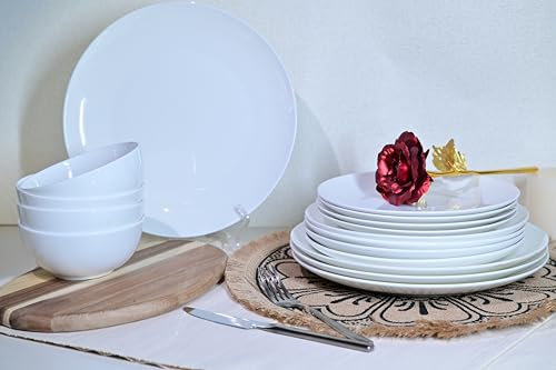 Unishanee Jasmine - Servizio di stoviglie in porcellana Bone China, 16 pezzi, servizio per 4, piatti bianchi, piatti, ciotole, adatto al microonde e alla lavastoviglie