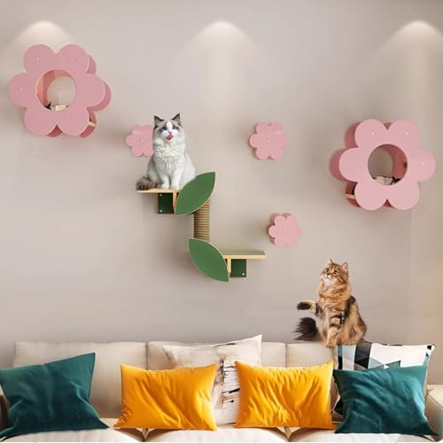 YLLSMGS Kletterwand Katze Blumenform, Wandkratzbaum Katzen Klettern für Katzen 6er Set mit Sisal Kratz und Kletterbrückenstufe