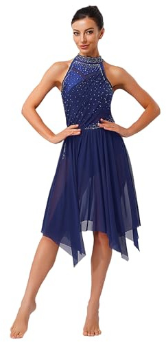ranrann Vestito da Ballo Lirico Latino Americano Donna Senza Schiena Strass Abito da Pattinaggio Gonna Asimmetrica Danza Moderna Standard Valzer Tango Sala Saggio