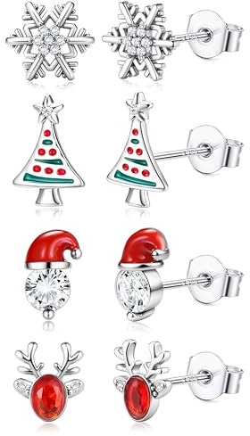 ORAZIO 4 Paar Ohrringe Weihnachten Silber 925 Ohrstecker Damen Mädchen Weihnachtsohrringe Silber Piercing Ohr Hypoallergene Schneeflocke Rentier Weihnachtsmütze Ohrringe Set Geschenk Für Weihnachten