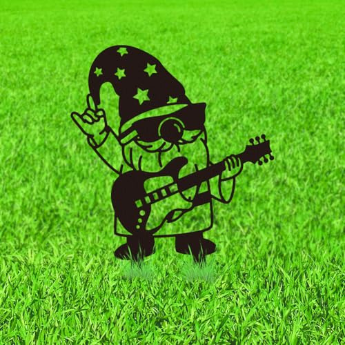 WADORN Gartenzwerg Mit Felsen Gitarre Dekorative Metall Gartenstecker, Schwarze Gartenzwerg Silhouette Lustige Garten Geschenke Für Gartenliebhaber Gartenstecker Dekorationen Für Garten Rasen