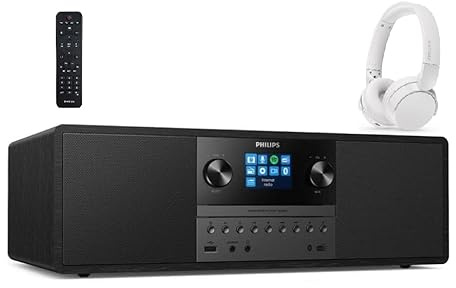Philips Micro Music System TAM6805 &TAH4209WH Bundle, 50W All-in-One with Internet Radio, Bluetooth, USB, CD Player, DAB+, FM, Bass Reflex Speakers n inc Bluetooth Headphones