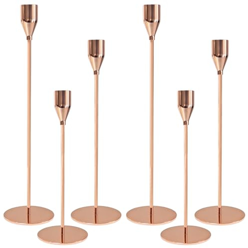 6 Pack Rose Gold Candlestick Holders Set, Metal Taper Candle Holders | Three-height candle holder set for dining tables, mantels, weddings, parties and seasonal home decor.