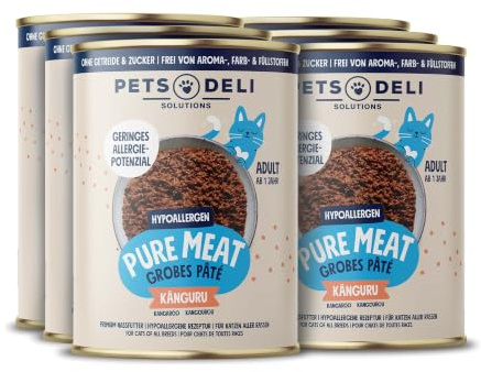 Pets Deli Hypocare Nassfutter für Katzen mit Känguru, 6x400g | Monoprotein Känguru, mit FOS-Präbiotika & Leinöl, für sensible Katzen, getreidefrei, ohne Zucker, Premium Qualität