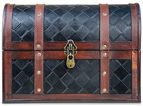 Brynnberg Forziere del Tesoro Grande con Maniglia - Baule Legno - Scrigno Legno Marrone con Motivo a Quadri Neri, con Coperchio, Serratura e Chiave - Scrigno Del Tesoro 38x23x27