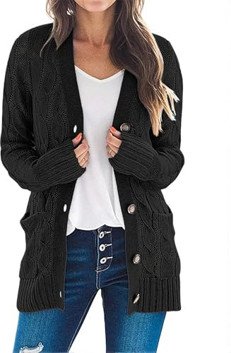 MEROKEETY Women's Cable Knit Cardigan Sweaters 2026 Fall Spring Long Sleeve Open Front Button Down Trendy Outerwear Coats, Black, Medium