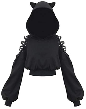 Womens Cat Ears Black Hoodie Long Sleeve Sweatshirt Cute Casual Hollow Out Pullover Short Tops Blouse Crop