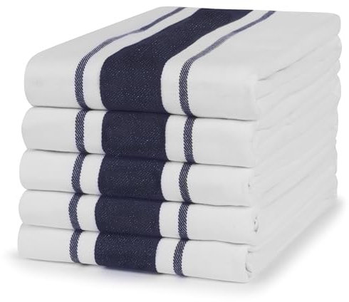 100% Cotton Tea Towel - Midnight Blue Stripe Pattern, Pack of 5 | Kitchen Towel Set | Absorbent, Strong, Quick Dry & Machine Washable | Home Decor & Bathroom Accessories