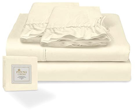 Pizuna Juego de Sabanas 180 x 190/200 cm Nuevo Marfil, Lujoso Satén 100% Algodón de Fibra Larga de 400 Hilos Sabanas 180 cm con 1 Sabana Encimera, 1 Sabana Bajera, 1 Funda Almohada Cilindrica