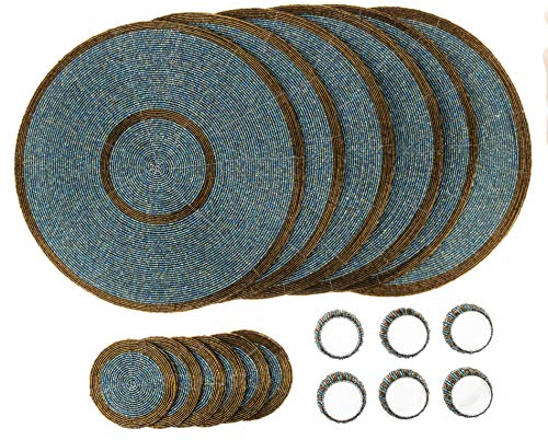 Penguin Home® Set di 18 tovagliette in vetro, sottobicchieri e portatovaglioli, color acqua e oro antico, rotonde, realizzate a mano da abili artigiani indiani, diametro 32 cm