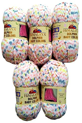 5 x 100 Gramm Strickwolle Himalaya Dolphin Baby Colours mehrfarbig, 500 Gramm Wolle super bulky (rosa grau lachs 80412)