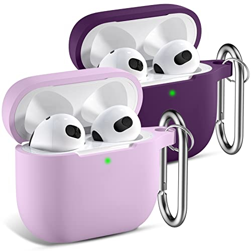 CeMiKa 2 Stück Hülle für AirPods 3 Generation Hülle 2021 - Silikon Schutzhülle für AirPods 3 Case Cover, Stoßfeste Silikonhülle Kompatibel mit Apple AirPods 3 Hülle, mit Karabiner - Lavendel/Pflaume