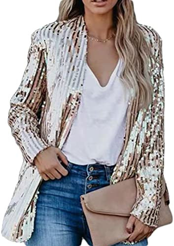 Onsoyours Damen Glänzend Pailletten Jacke Cardigan Langarm Bolero Tops Kurz Oberteile Eleganter Blazer Glitzer Party Outfits Clubwear A Gold L