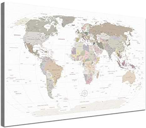 LANA KK Weltkarte-Pinnwand als Leinwandbild, pinne Deine Reisen und Erinnerungen – World Map White - Deutsch - Landkarten-Wandbild in weiß, 80 x 60 cm