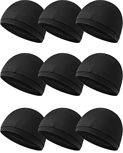 Jeere 9 Pcs Cooling Skull Cap Camo Liner Sweat Wicking Lightweight Cycling Cap Running hat for Men Women (Black,Black)
