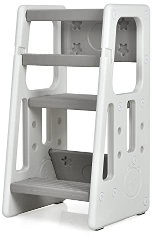 GOPLUS 2 in 1 Baby Lernturm, Küchenhelfer mit 3 Verstellbaren Höhen, Anti-Rutsch-Stufe, Rausfallschutz & Sitzfläche für 18-60 Monate, Tritthocker aus HDPE für Küche & Badezimmer (Grau)