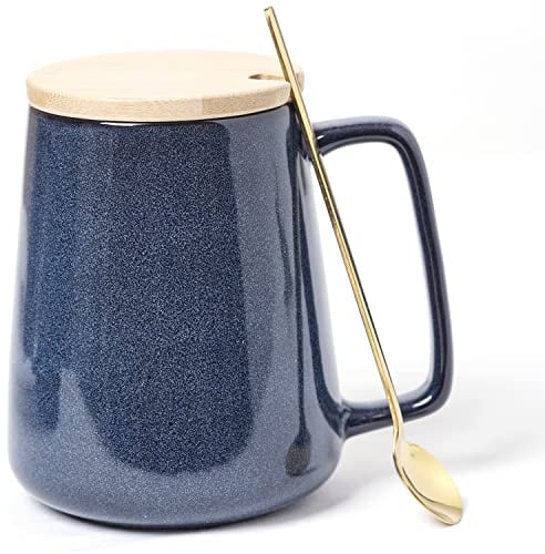 Large Ceramics Coffee Mugs,24 OZ/700ml Extra Large Cups,Matching Lid and Spoon, for Cappuccino, Latte, Hot Cocoa Or Hot Tea -Gift for Birthday/Christmas/Valentine's (24 oz Pure Blue Set)
