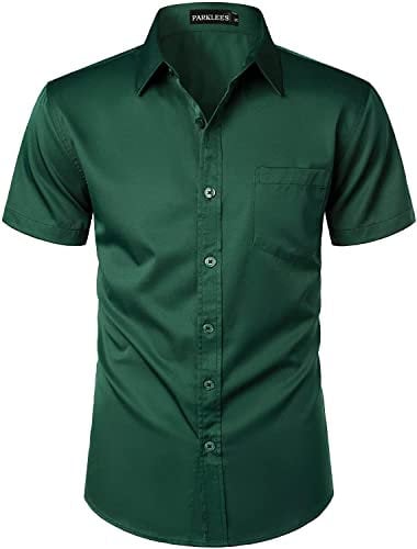 PARKLEES Mens Casual Urban Stylish Slim Fit Short Sleeve Button Up Dress Shirt with Pocket Dark Green M