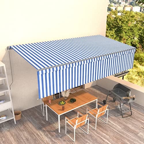 Aluminium Einziehbar Markise mit Jalousie Sonnenschutz Handkurbel Kassettenmarkise Gelenkarmmarkise Markisenabdeckung Klemmmarkise Balkonmarkise, 6x3 m Blau und Weiß