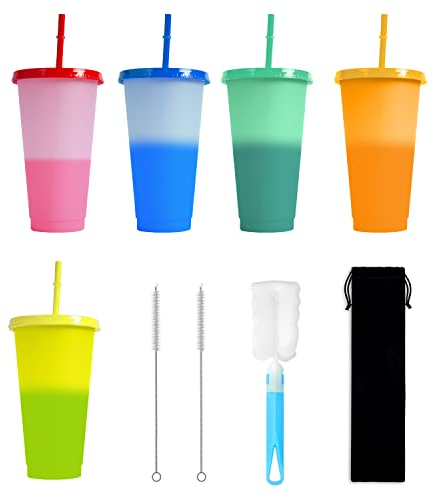 5-Piece Color Changing Cups with 3 Brushes and 1 Flannel Bag with Straw and Lid Color-Changing Cups, Reusable, Smoothie Shake Bottle, Cold Party Water Cup, Suitable for Kids and Adults