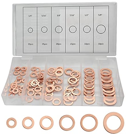 BGTXINGI 110Pcs 6 Kinds Copper Sealing Washers Copper Flat Gasket Oil Sealing Washer Box 1/4’’ 5/16’’ 3/8’’ 7/16’’ 1/2’’ 5/8’’