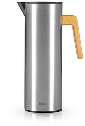 BEEM Isolierkanne | Praktische Kaffee- & Teekanne - 1 L | Für heiße & kalte Getränke | Inkl. auslaufsicherem Deckel mit Drehverschluss & Silikonring | Edelstahl-Design | Hitzebeständiger Holzgriff