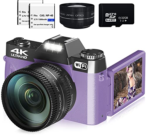 Fotocamera digitale per fotografia, 4K 48MP Vlogging Fotocamera per YouTube con WiFi, 3 pollici e 180 gradi, zoom digitale 16X, obiettivo grandangolare da 52 mm e lente macro, scheda