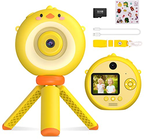 Ushining Kinderkamera mit Stativ, 8X Zoom Digitalkamera 20 MP 1080P HD Videokamera Kinder 2,0 Zoll Bildschirm 32GB TF-Karte Selfie Kamerakinder Fotoapparat für 3-12 Jahre Mädchen Jungen, Gelb