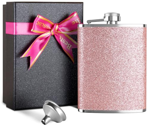 LILABIENE® Flachmann Leder Glitzer Rotgold Flachmänner 8oz mit Trichter Geschenke für Frauen