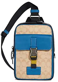 COACH Track Pack Fashion Daypack in Signature Canvas Leder, Hell Khaki Blue Jay Multi