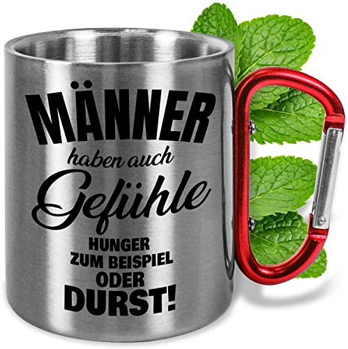 Edelstahl-Tasse 330ml mit lustigem Spruch „Männer haben auch Gefühle“ – Karabiner-Edelstahl-Becher Geschenk Outdoor Camping Wandern Geburtstag Weihnachten (Männer, Griff Rot)