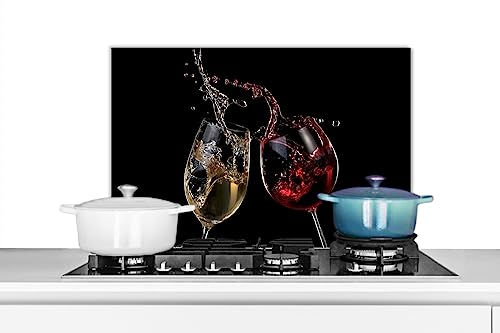 KitchenYeah© Spritzschutz Küchenrückwand Platte Kuchendeko Aluminium Platte Kitchen Wall Protector Rückwand KücheRotwein - Weißwein - Glas - Schwarz - Wein - 60x40 cm