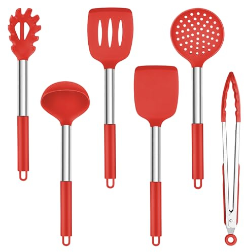 TEAMFAR Silikon Küchenhelfer Set, 6-teiliges Küchenutensilien Kochbesteck mit Edelstahlgriff, Hitzebeständiger Pfannenwender Kochutensilien Set zum Kochen, Leicht zu Reinigen & Spülmaschinenfest, Rot