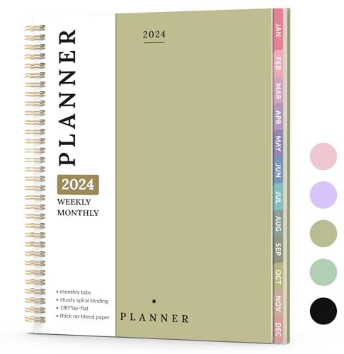 Wochen- und Monatsplaner 2024, Spiralbindung, Januar 2024-Dez.2024, A4 (21,6 x 27,9 cm), Forvencer Planer 2024, Kalender 12 Monate mit Monats-Register, für Arbeit, Schule, Zuhause, Khaki