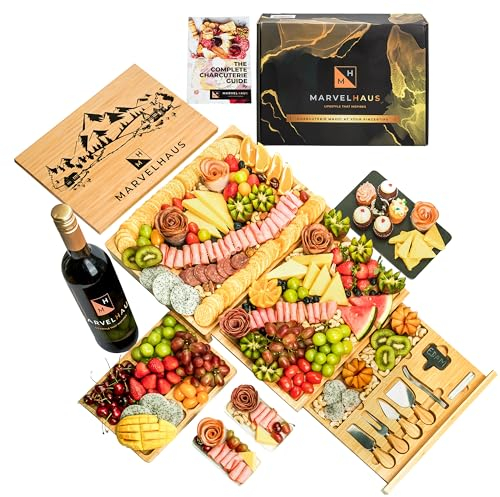 MARVELHAUS Grande set di taglieri per formaggi, tagliere per salumi con paesaggio montano, tagliere per formaggi e coltelli, taglieri per salumi in bambù, posate da formaggio, unico per