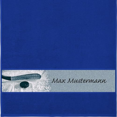 Erwin Müller Handtuch mit Namen - personalisiert - Motiv Sport - Eishockey - viele Farben & Motive - Dusch-Handtuch - Royalblau - Größe 50x100 cm - persönliches Geschenk mit Wunsch-Name