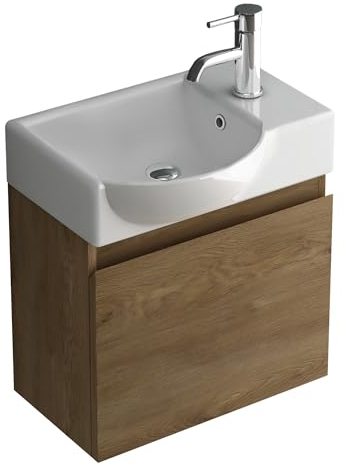 Alpenberger Waschtisch mit Unterschrank | Gäste WC Waschbecken Klein 45 cm Breit | Aufsatzwaschbecken mit Waschbeckenunterschrank | Badmöbel Hängeschrank | Waschtischunterschrank Eiche